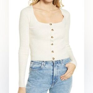 Madewell Rosseau Square Neck Crop Cardigan Top Heathered Classy Cream Beige  M